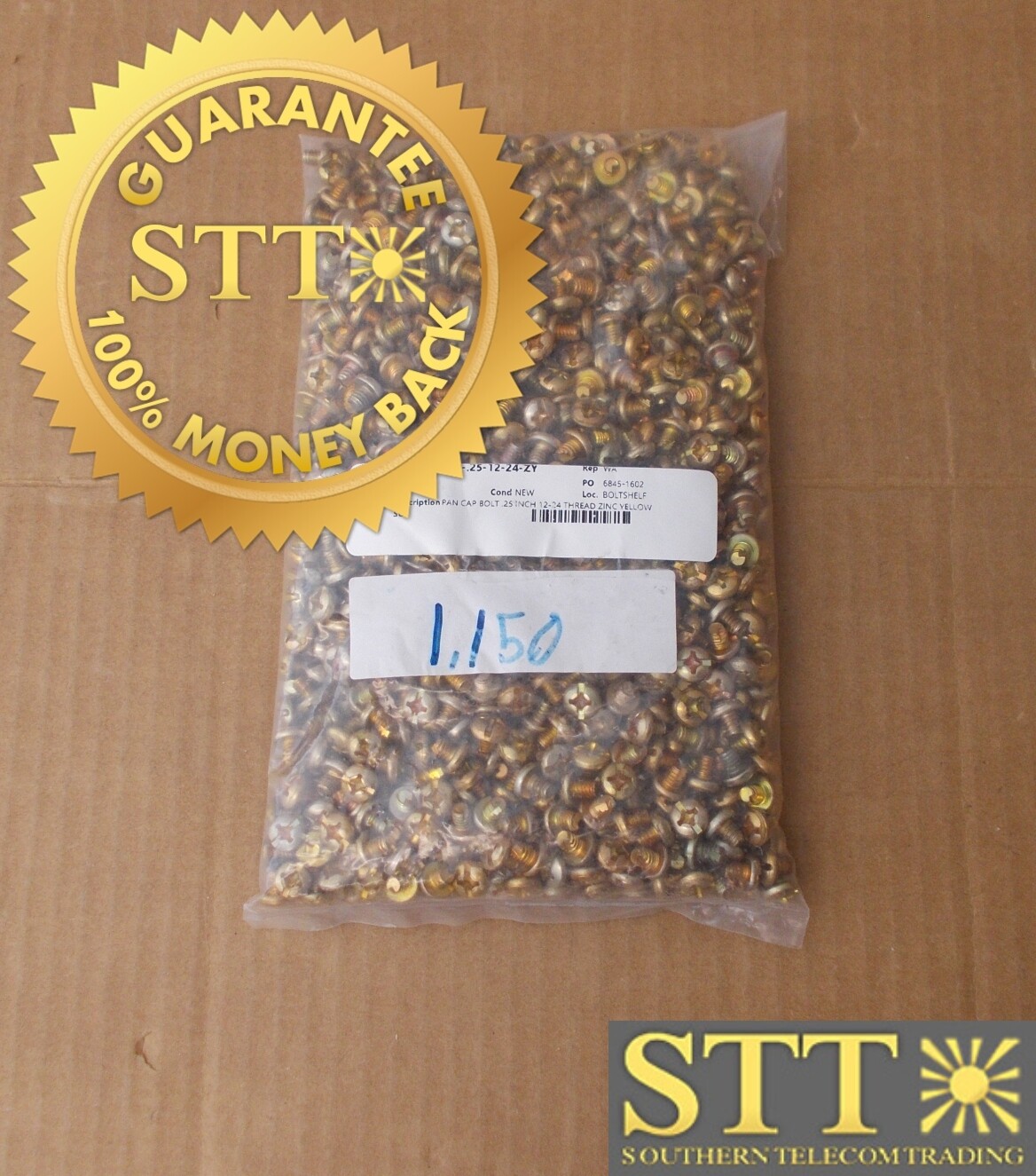 PAN CAP BOLT .25 INCH 12-24 THREAD ZINC YELLOW PANCAP-.25-12-24-ZY (LOT OF 1150 ) - NEW - 90 - DAY WARRANTY