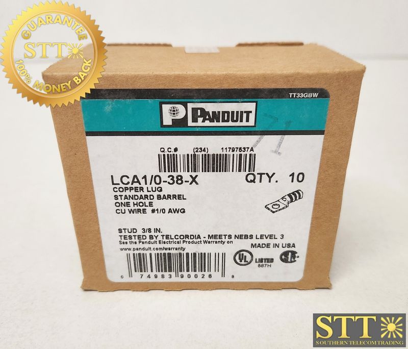 LCA1/0-38-X PANDUIT PAN-LUG COMP LUG 1/0 TIN PLT COPPER STRT 3/8&quot; STUD (BOX OF 10) - NEW - 90 - DAY WARRANTY
