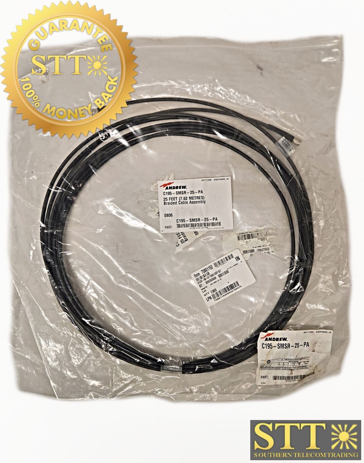 C195-SMSR-25-PA  ANDREW CNT­195 JUMPER SMA MALE/SMA MALE RIGHT ANGLE 7.62M (60111290) - NEW - 90 DAY WARRANTY