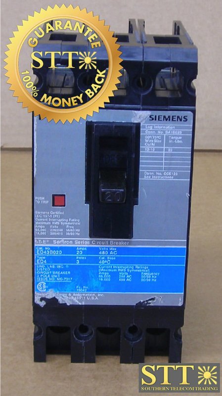 ED43B020 SIEMENS I-T-E SENTRON SERIES TYPE ED4 CIRCUIT BREAKER 20A 480VAC 3-POLE REFURBISHED - 90 DAY WARRANTY