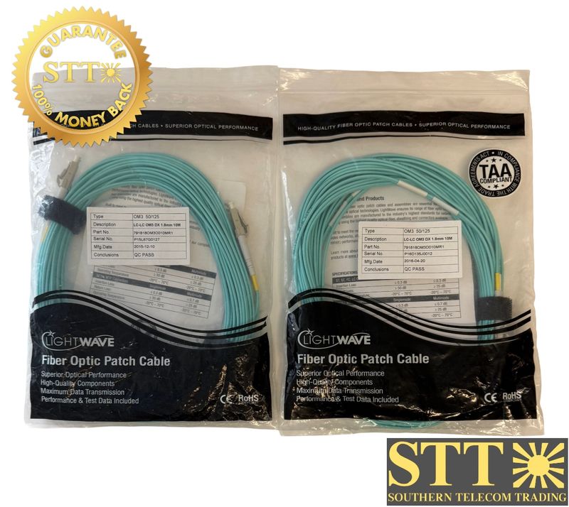 791818OM3D010MR1 LIGHTWAVE FIBER OPTIC PATCH CABLE LC-LC OM3 50/125 DX 1.8MM 10M (LOT OF 2) - NEW - 90 DAY WARRANTY