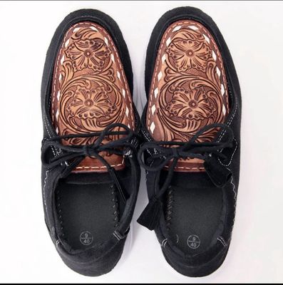 Black Tooled Leather Trim Slip on Shoe