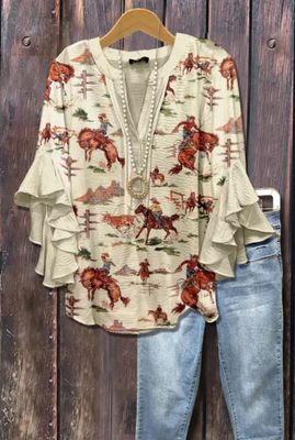 Wild West Cowboy &amp; Floral Print Ruffle Sleeve Top