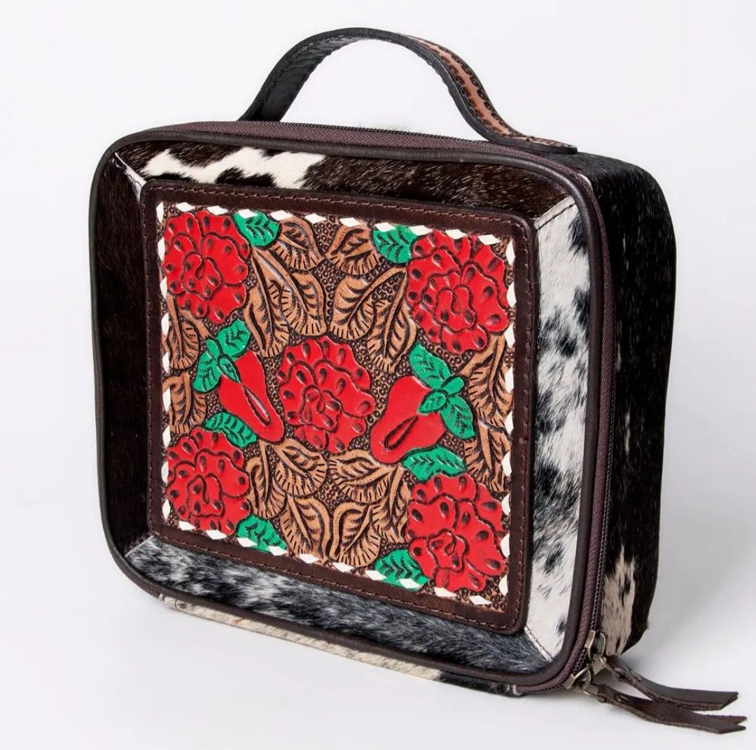 Genuine Leather, Roses and Cowhide  Western Jewelry Case