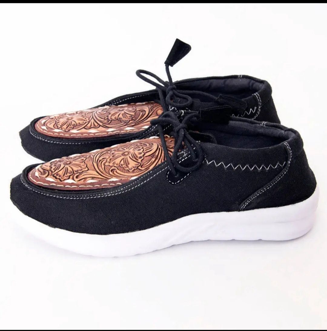 Black Tooled Leather Trim Slip on Shoe, Size: 6