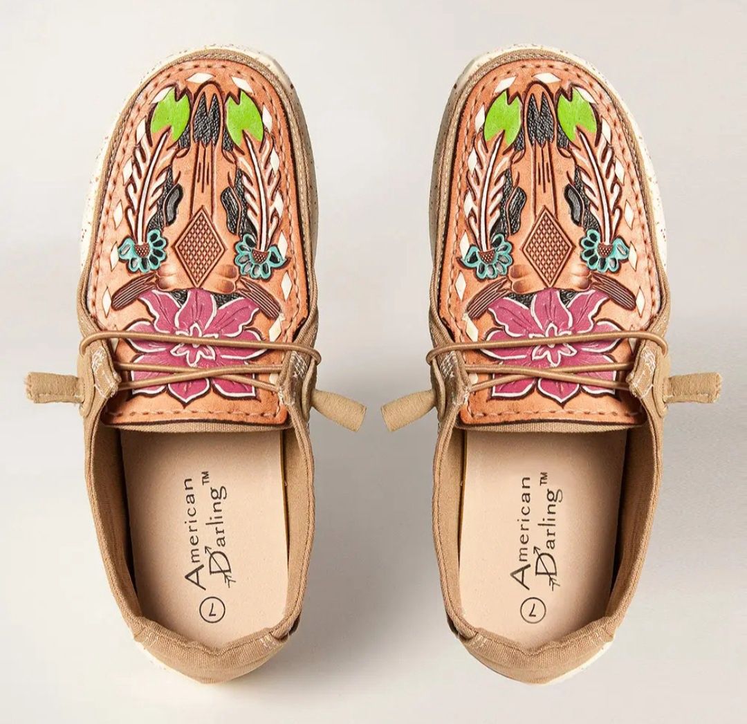 Cow skull Floral Genuine Leather Trim Slip on shoe, Size: 6