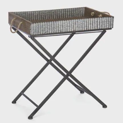 Rustic Farmhouse Wood &amp; Metal Tray Table with Folding Stand