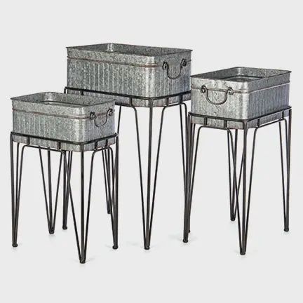 Galvanized Metal Planter Stand Set – Industrial Farmhouse Trio