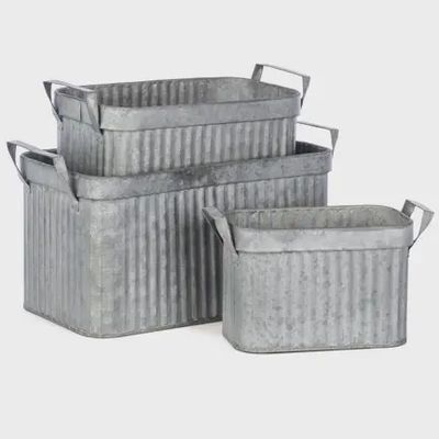 Set of 3 Galvanized Metal Storage Bins – Rustic Farmhouse Organizers