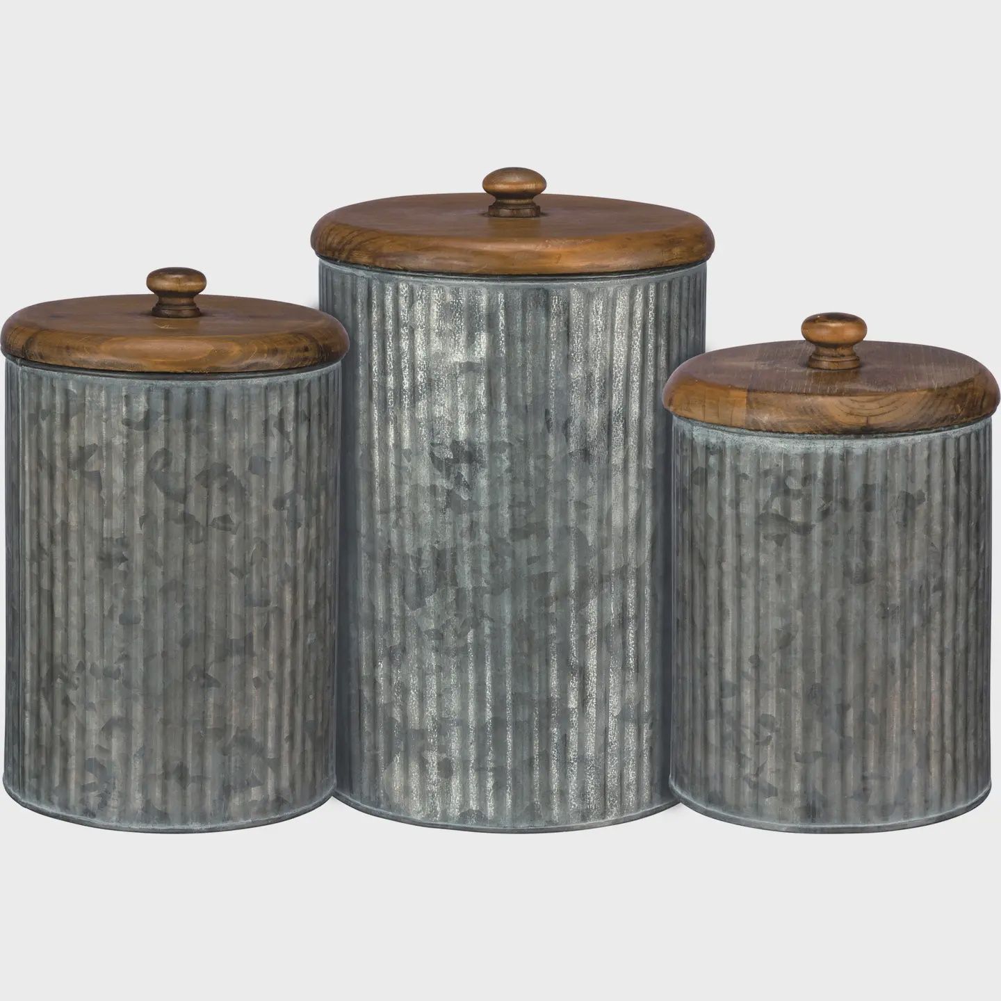 Set of 3 Distressed Galvanized Metal Canisters