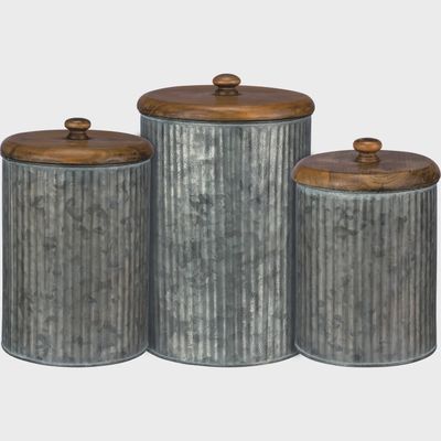Set of 3 Distressed Galvanized Metal Canisters