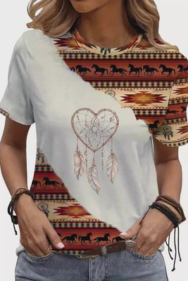 Horses Feather Aztec Print Westen Short Sleeves Top