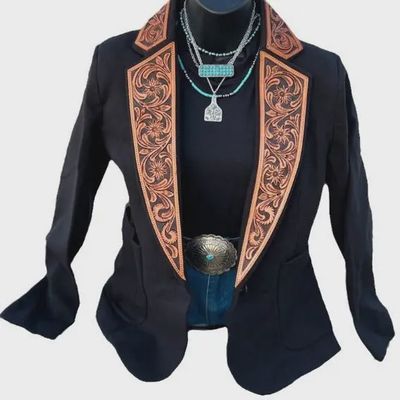 Western Tooled Leather Lapel Blazer