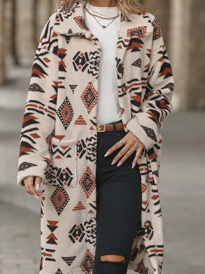 Aztec Fleece Long Sherpa Coat, Colour: CREAM, Size: S