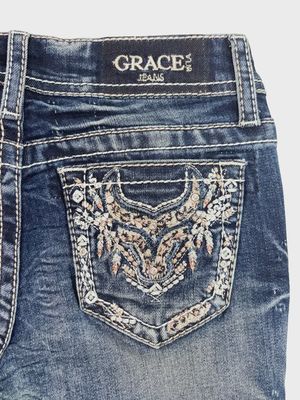 Grace in LA Little Girls’ Bootcut Jeans – Peach Steer Skull Embroidery