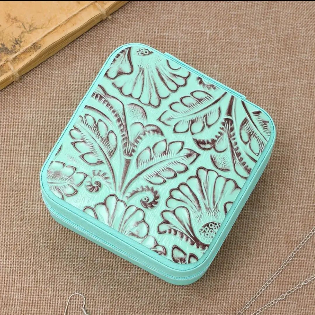 Floral embossed mini Travel Jewelry Box, Colour: Turquoise