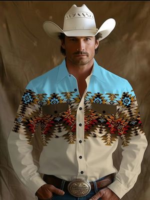 Southwestern Print Long Sleeve Shirt – Blue &amp; Tan