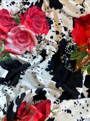 Black &amp; White Cow Print &amp; Roses Super Soft Plush Blanket