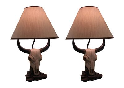Bull Skull Table Lamp with Beige Fabric Shade