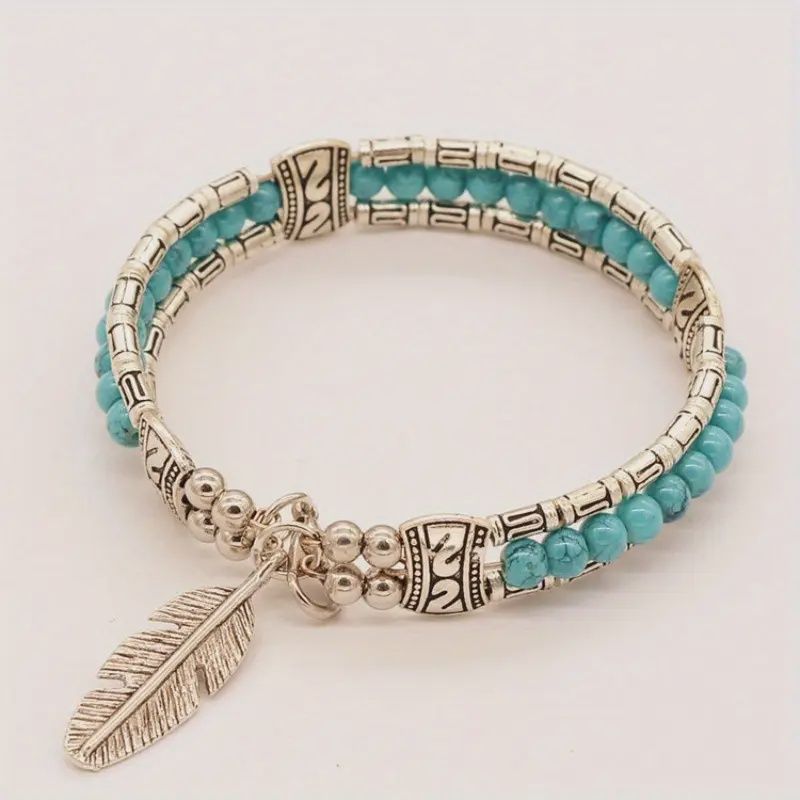 Boho-Chic Turquoise &amp; Feather Pendant Bracelet