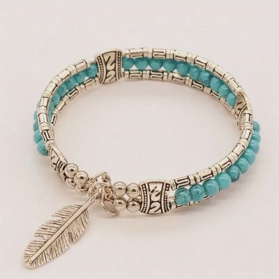Boho-Chic Turquoise &amp; Feather Pendant Bracelet