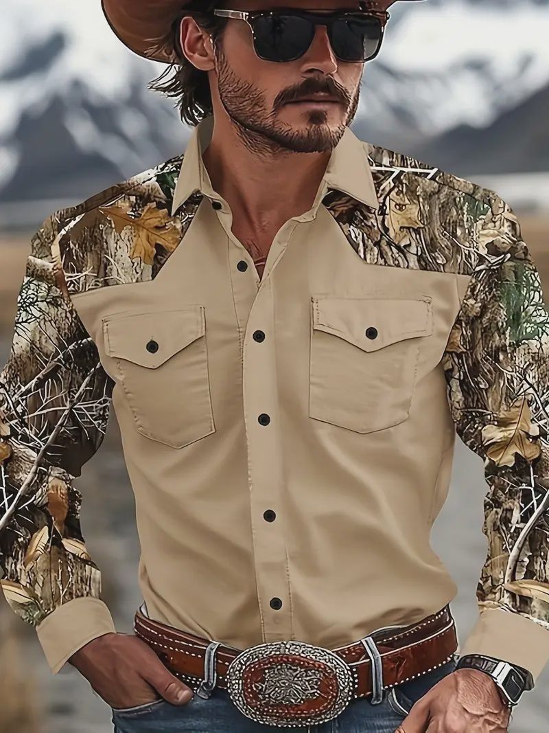 Men’s Khaki Button-Up Shirt with Camouflage Sleeves, Size: S