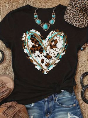 Women's Casual Heart Print T-Shirt – Leopard &amp; Turquoise Design, 100% Cotton
