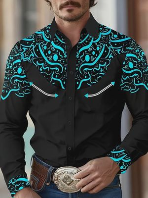 Men’s Black &amp; Turqoise Printed Western Shirt