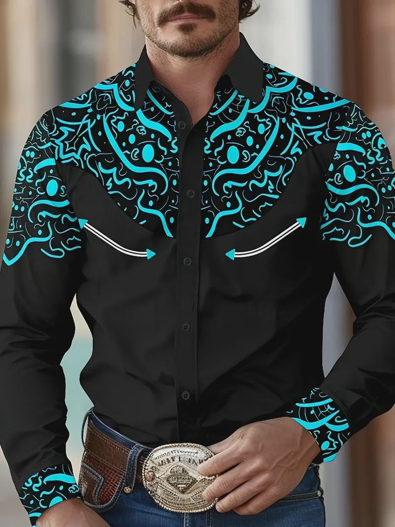 Men’s Black &amp; Turqoise Printed Western Shirt, Size: M