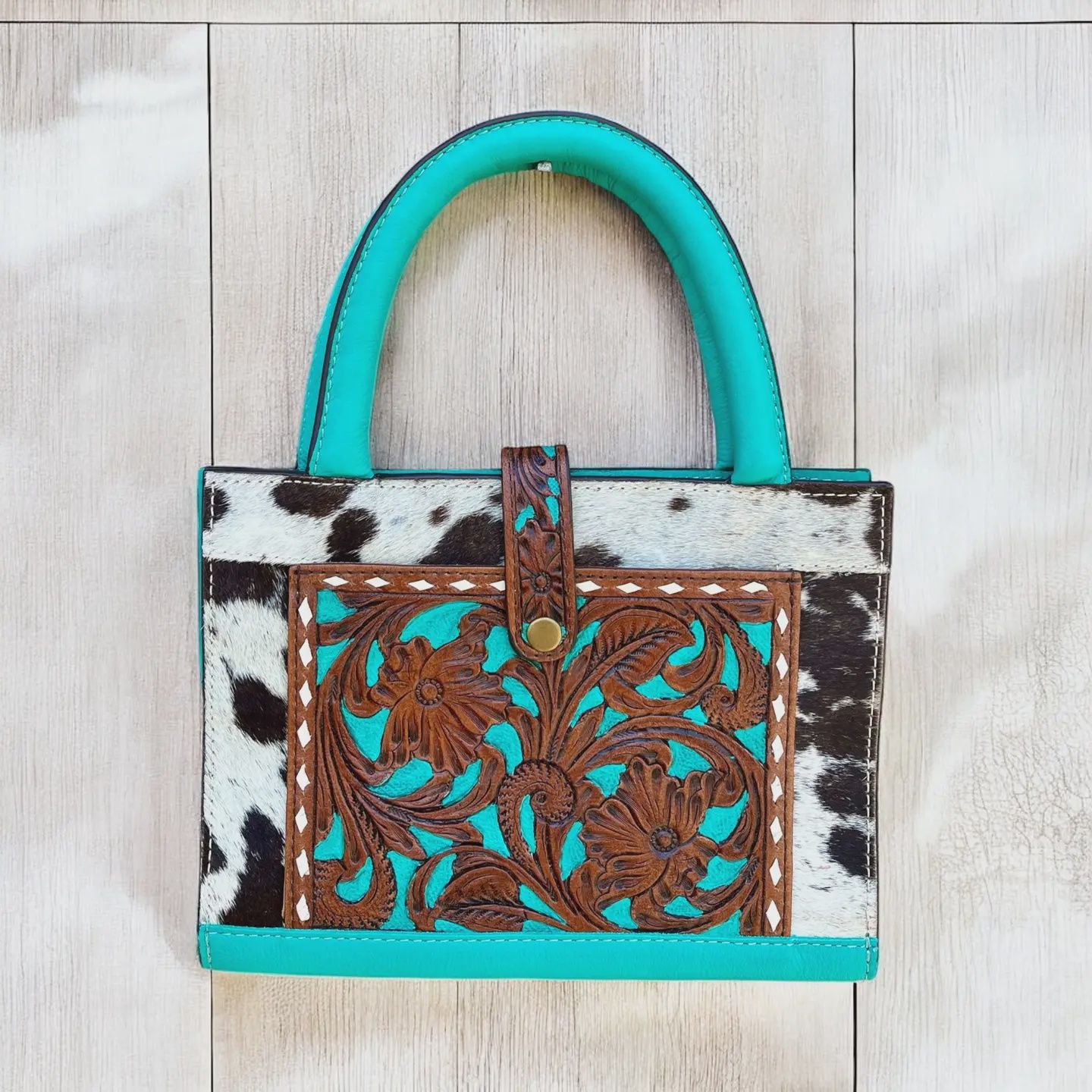 Turquoise Tooled Leather &amp; Cowhide Bible Cover – 9x7”