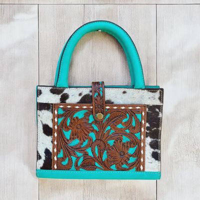 Turquoise Tooled Leather &amp; Cowhide Bible Cover – 9x7”