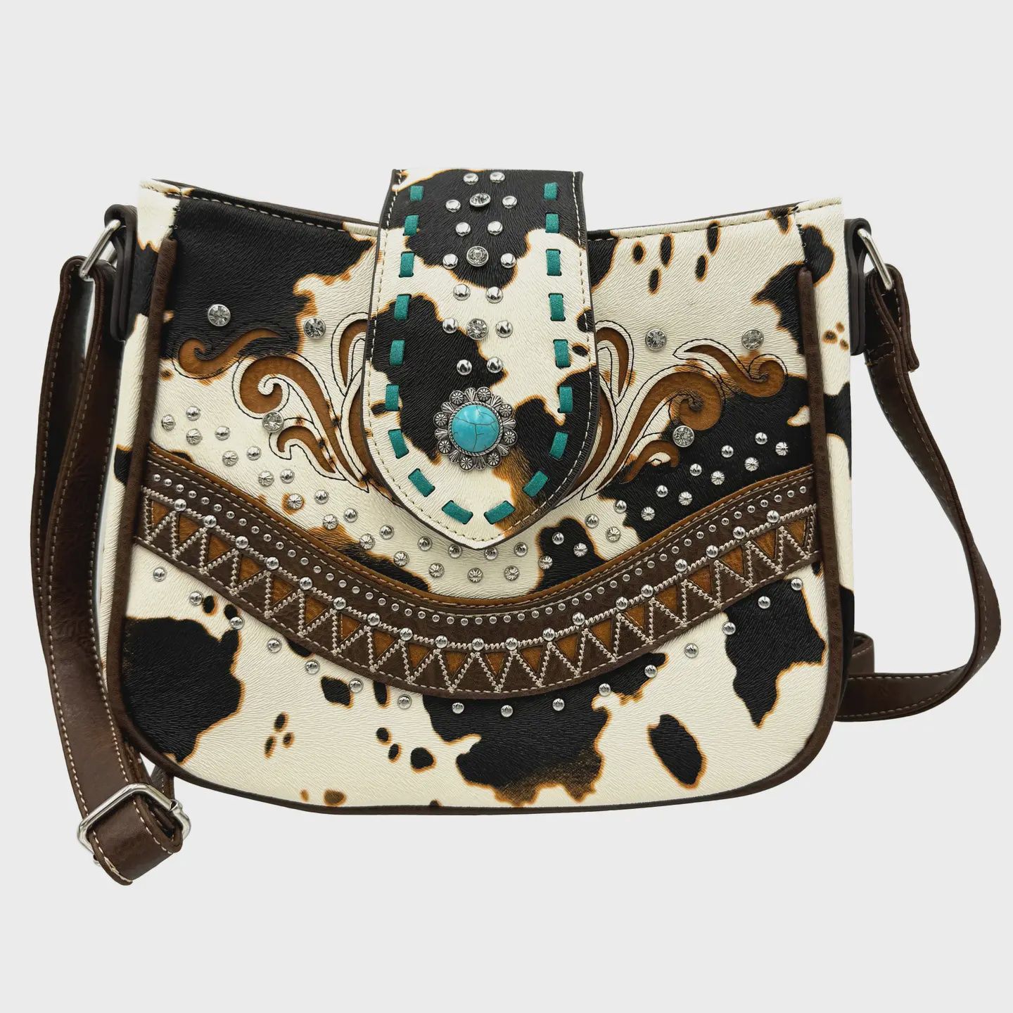 Crown Buckle Cow Print Floral Western Crossbody Bucket Bag, Color: Brown