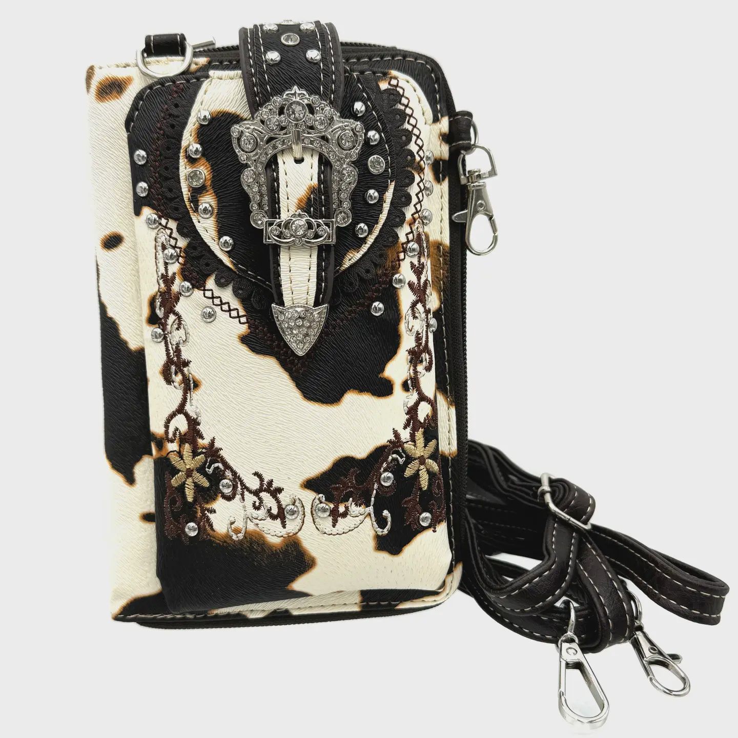 Crown Buckle Cow Print Floral Western Phone Wallet, Color: Brown