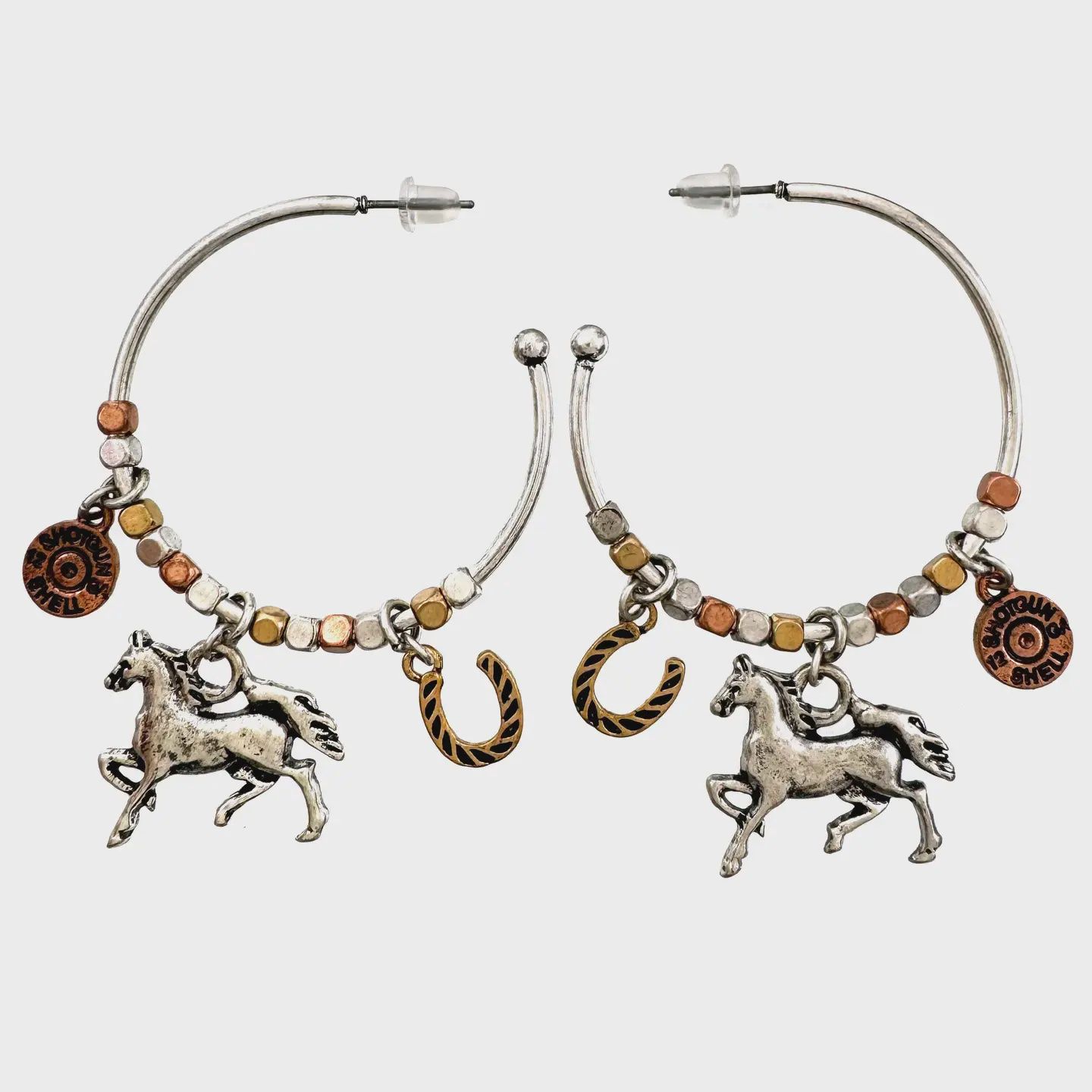 Horse Horseshoe Bullet Shell Western C Hoop Earrings.