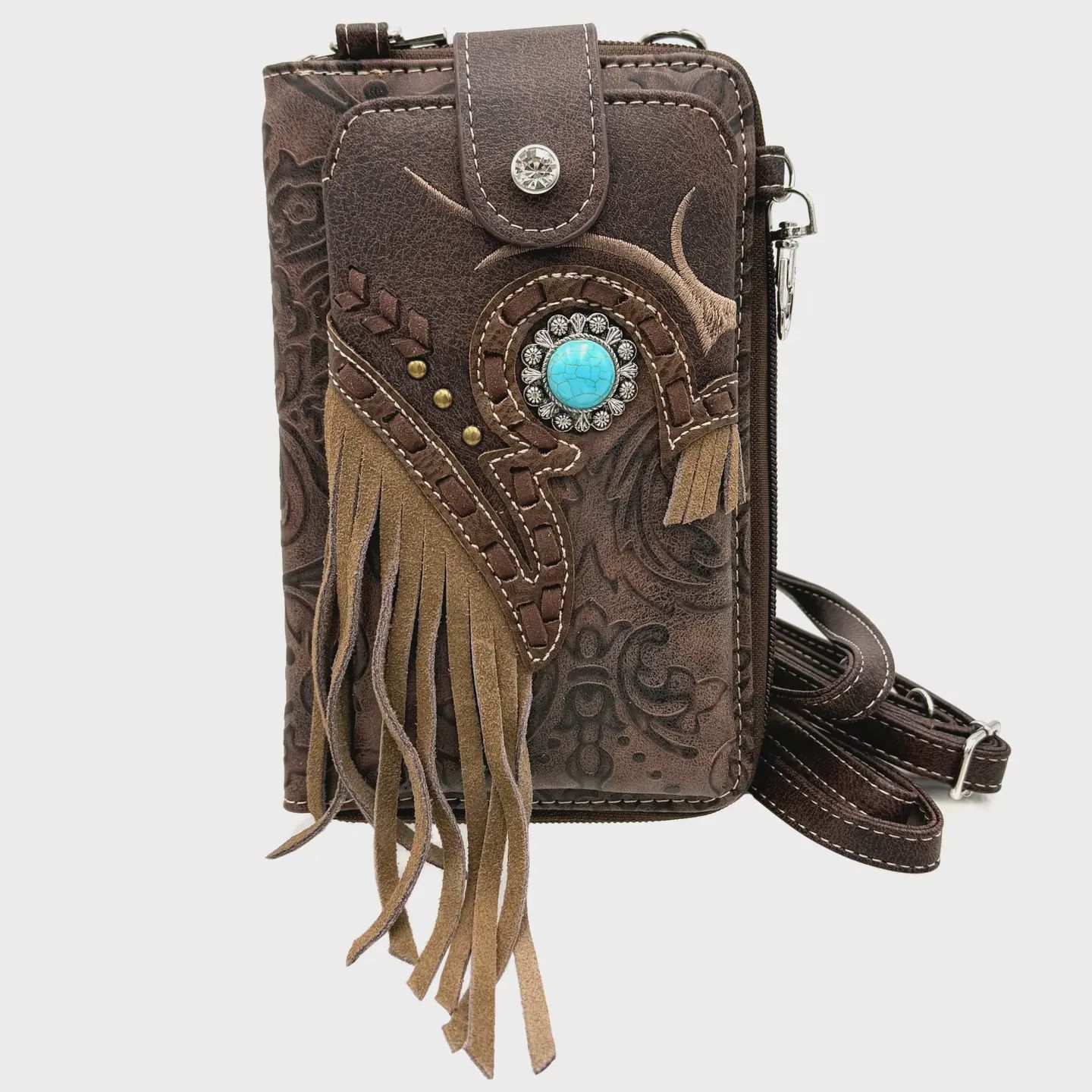 Turquoise Concho Fringe Crossbody Western Phone Wallet