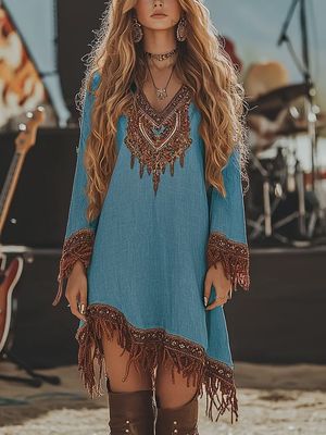 Blue Boho Western Dress