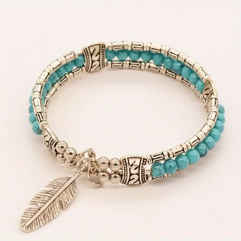 Boho-Chic Turquoise &amp; Feather Pendant Bracelet