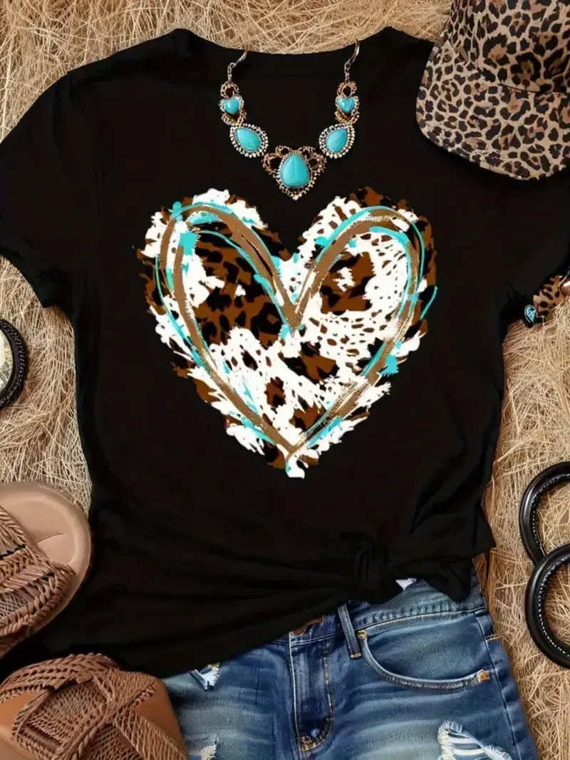 Women's Casual Heart Print T-Shirt – Leopard &amp; Turquoise Design, 100% Cotton, Size: S