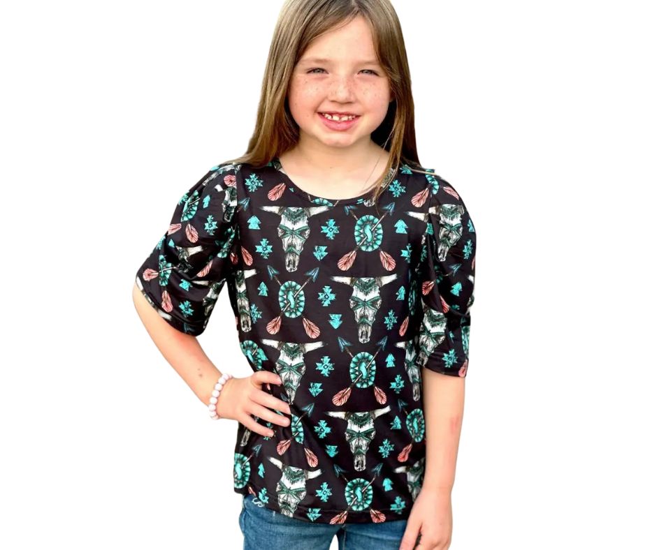 Girls' Western Tribal Puff Sleeve Top – Cow Skull &amp; Turquoise Concho Print