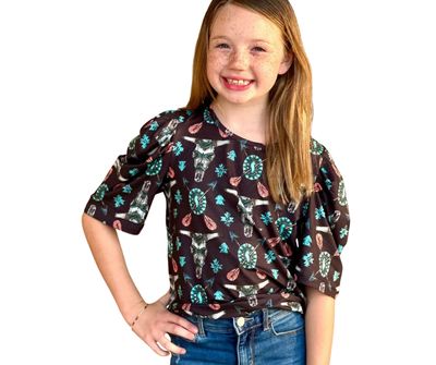 Girls' Western Tribal Puff Sleeve Top – Cow Skull &amp; Turquoise Concho Print