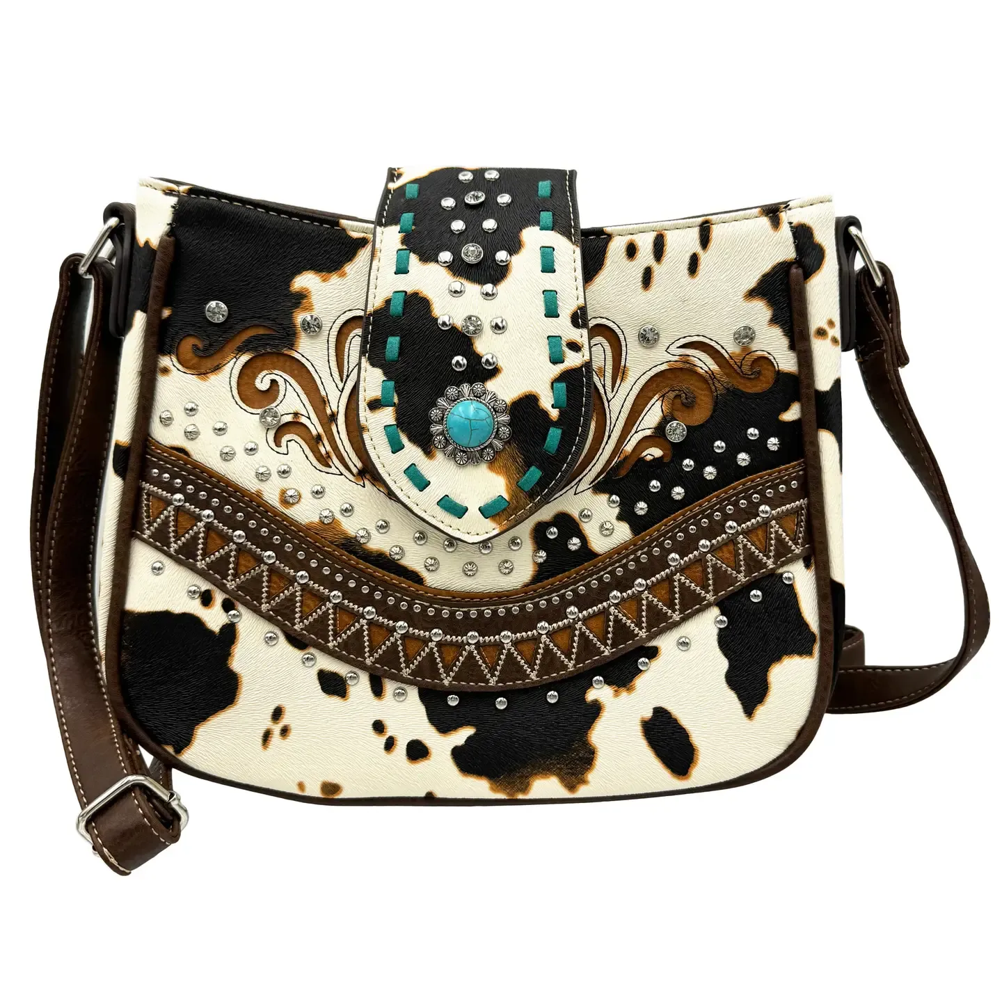 Crown Buckle Cow Print Floral Western Crossbody Bucket Bag, Color: Brown