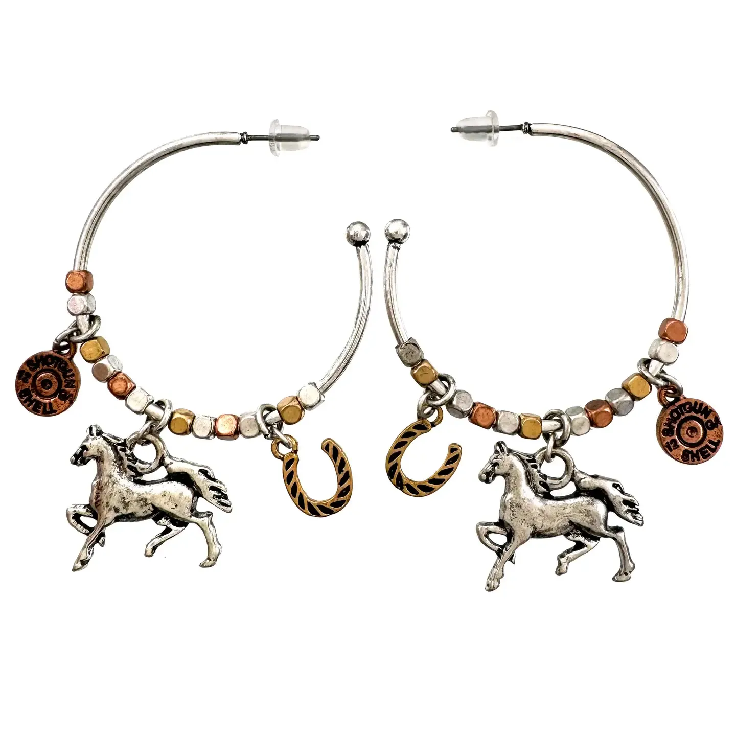 Horse Horseshoe Bullet Shell Western C Hoop Earrings.
