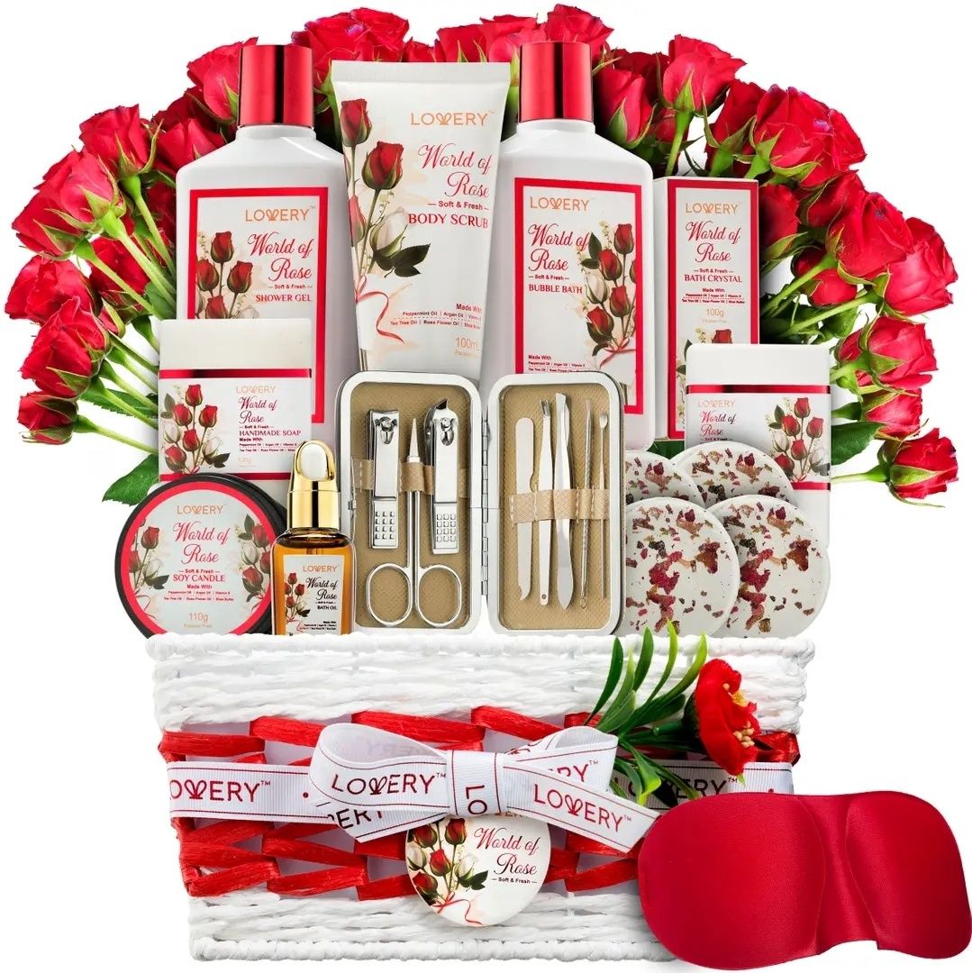 “Red Rose Spa Gift Basket – 11-Piece Bath &amp; Body Self-Care Set with Aromatherapy &amp; Jade Tools