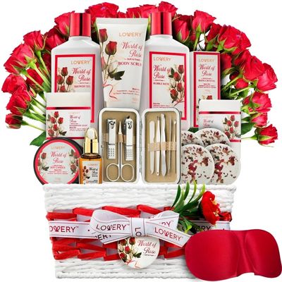 “Red Rose Spa Gift Basket – 11-Piece Bath &amp; Body Self-Care Set with Aromatherapy &amp; Jade Tools