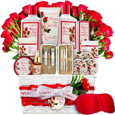 “Red Rose Spa Gift Basket – 11-Piece Bath &amp; Body Self-Care Set with Aromatherapy &amp; Jade Tools