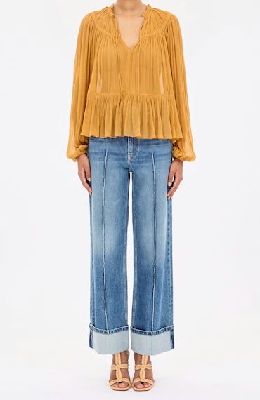 ULLA JOHNSON - Leandra LS Silk Blouse, Color: OCHRE, Size: s