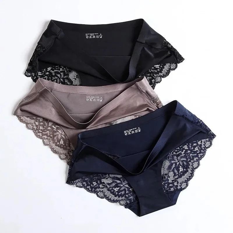 Women Stain Ice Silk Underwear Ladies Briefs Sexy Lace Seamless Panties
