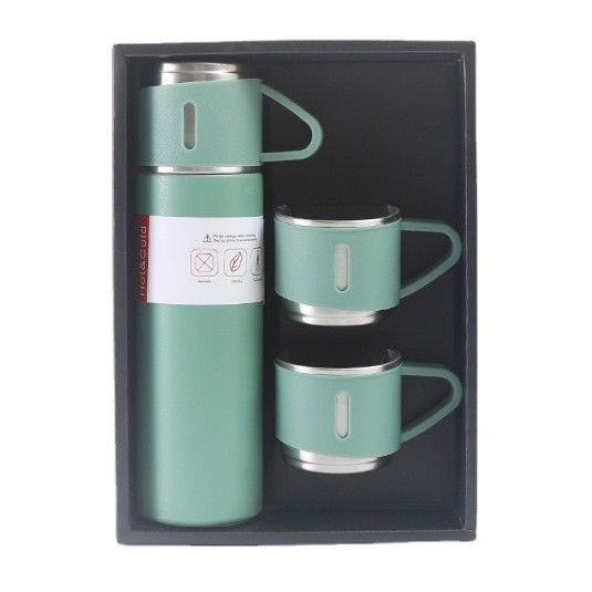High Quality Business Custom Gift Logo 304 Stainless Steel Vacuum Thermos Set One Cup Two Lid Gift Box.