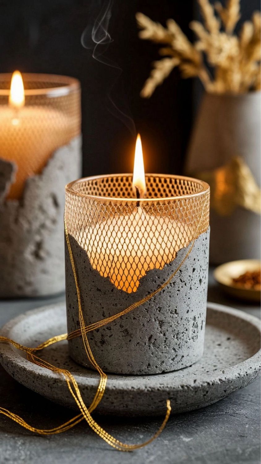 Golden Ember – Concrete Candle with Mesh Glow