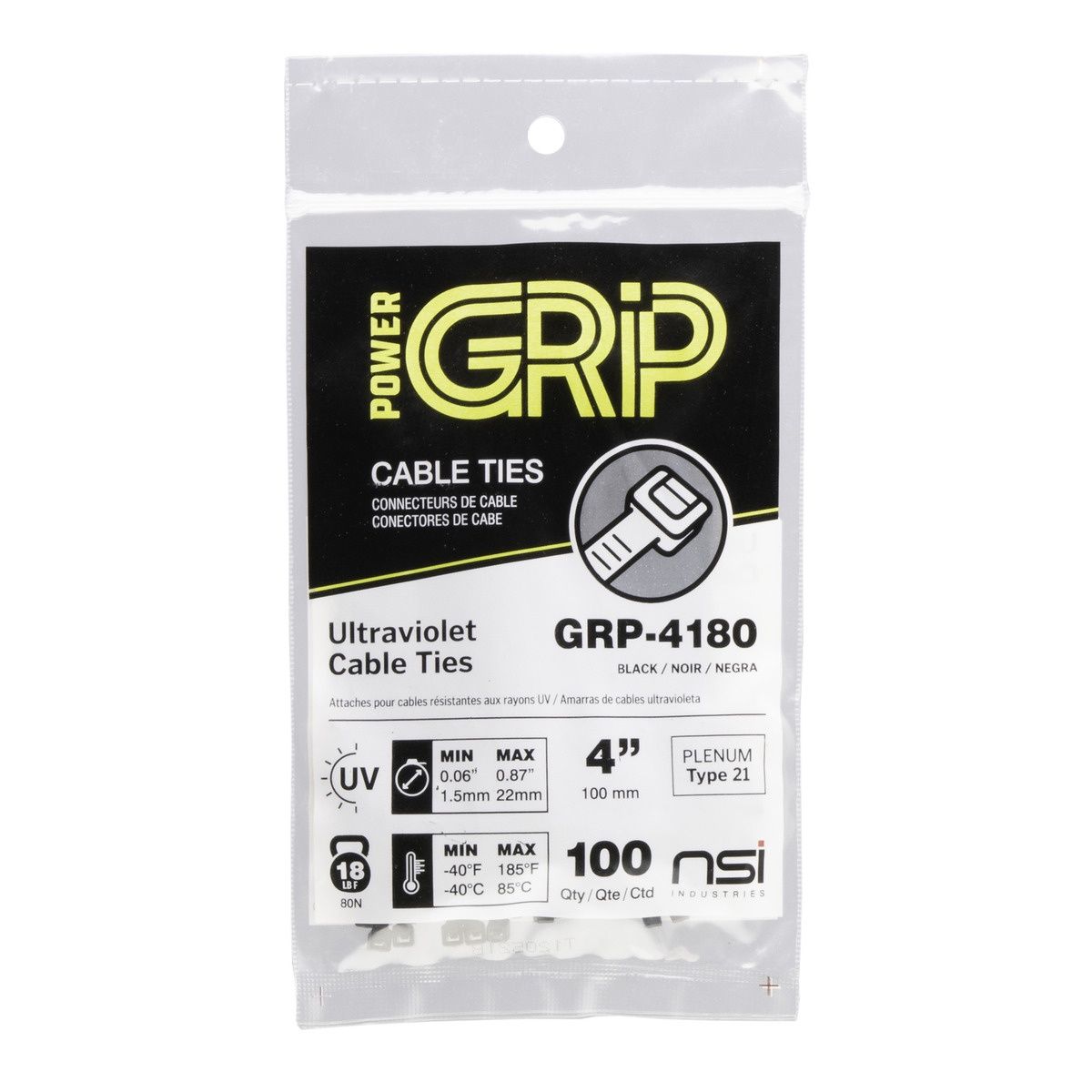 4”, Black General Purpose 18lb Cable Ties, 100 PK. GRP-4180